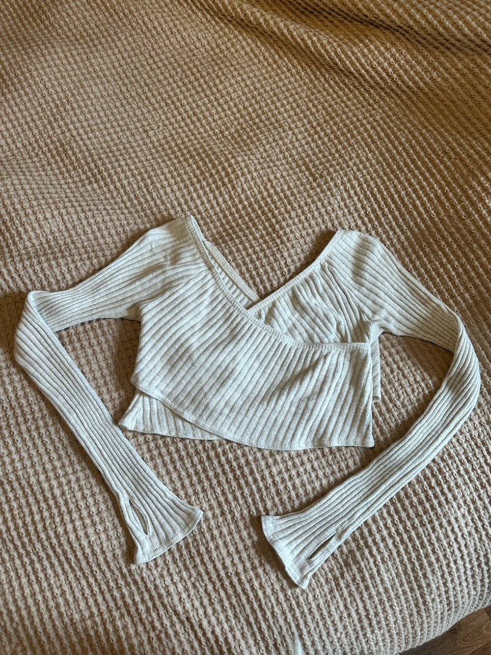Free People Movement Ribbed Wrap Crop Top in Light Oatmeal - Picture 3 of 6